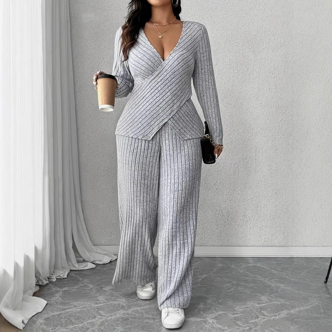 Womens Knitted V-Neck Jumpsuit With Wide-Leg Pants