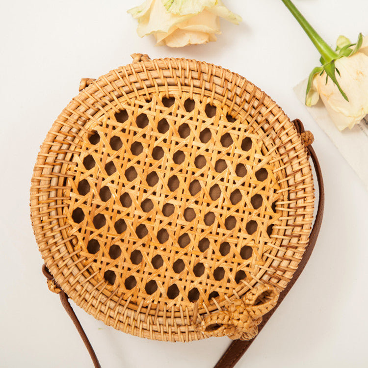 Natural PU small round straw bag