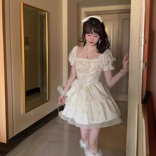 Female French Gentle Sweet Bow Retro Square Collar Dress