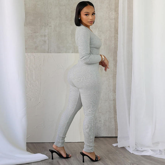 V-hals udhulet langærmet sexet yderst elastisk jumpsuit