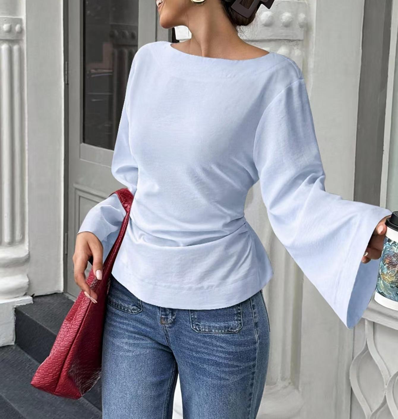 Flared Long Sleeve Pullover Women's Clothing