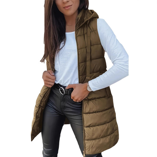 Womens Long Vest With Hood Slim-Fit Sleeveless Jacket
