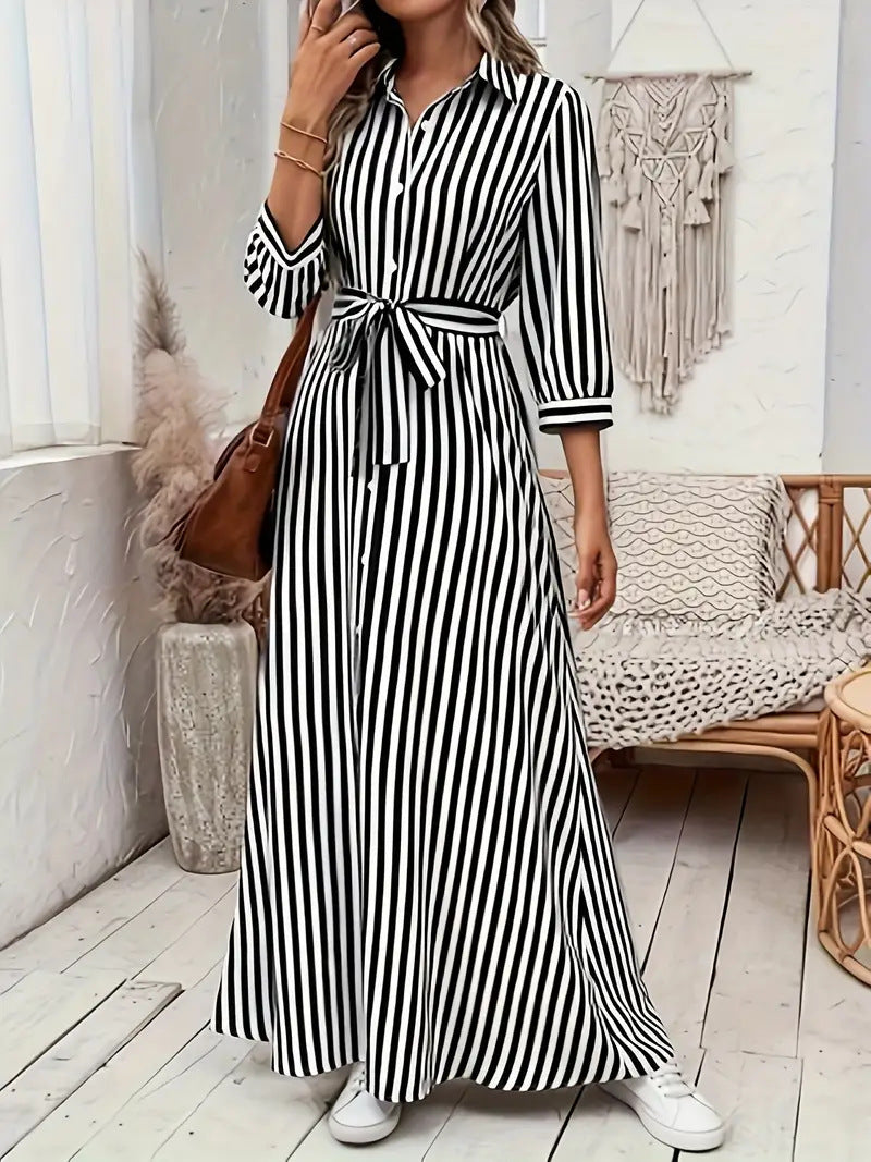 Womens Fashion Striped Cardigan Lapel Shirt Dress