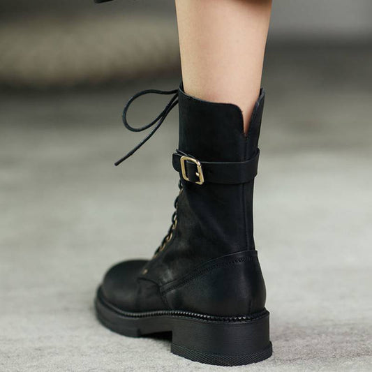 Ins Thick Heel Mid-tube And Velvet Lace Up Womens Boots
