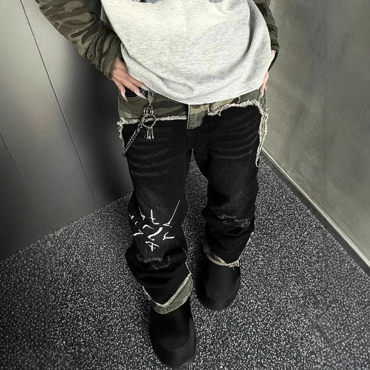 American Street Retro Camouflage Stitching Jeans