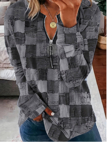 Faux Denim Lynlås Casual Top
