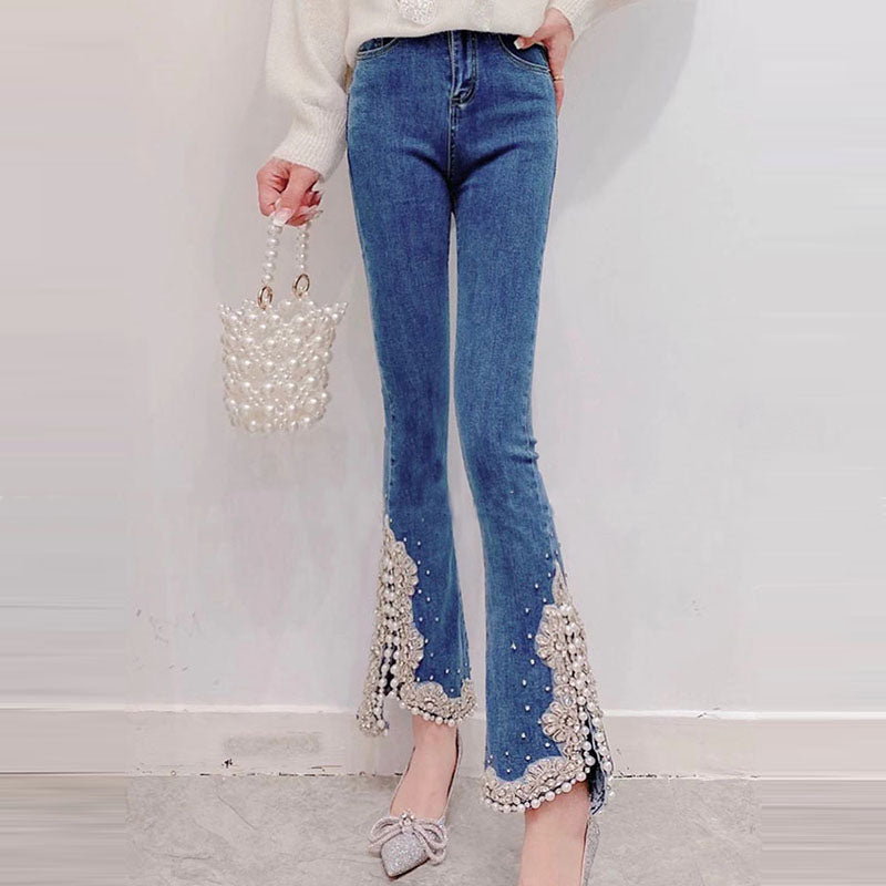 Heavy Industry Diamond-studded Bead Slit Micro-flared Pants