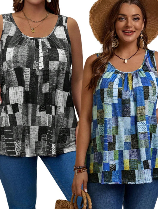 2pcs Plus Size Women's Summer Geometric Printed Round Neck Pleated Casual Tank Top