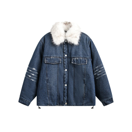 American High Quality Fur Collar Denim Cotton Coat Jacket