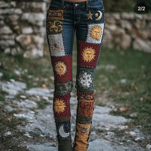 Vintage Moon Sun Crochet Patchwork Skinny Jeans