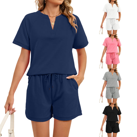 V-neck Solid-color Short-sleeve Top And Drawstring Shorts Set