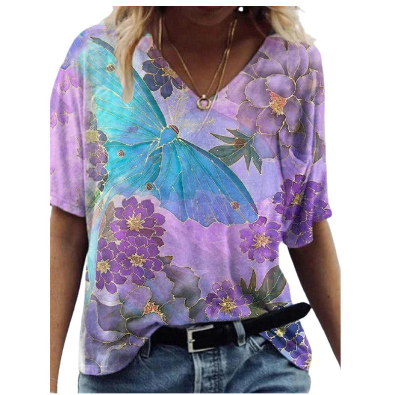 Butterfly Print Short Sleeve V-neck Ladies Loose