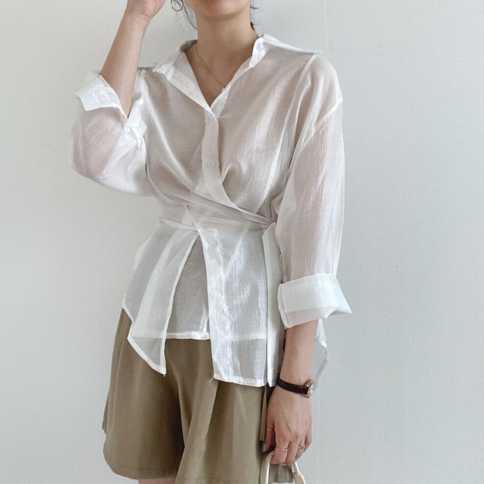 Irregular Buckle Lapel Long Sleeve Shirt Thin Simple Top
