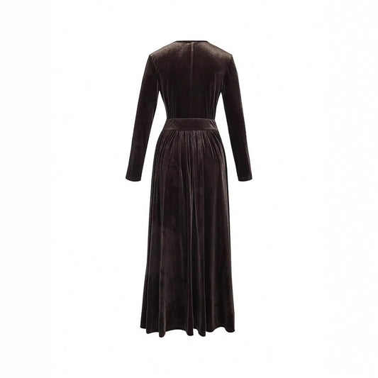 Slimming Solid Color Deep V Neck Pleated Hem Long Sleeve Dress For Women