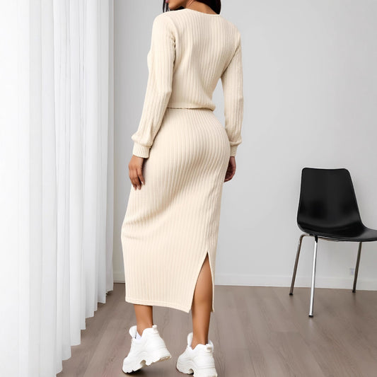 Hollowed-out Tube Top Sheath Dress With A Slit And Cardigan Jacket Set