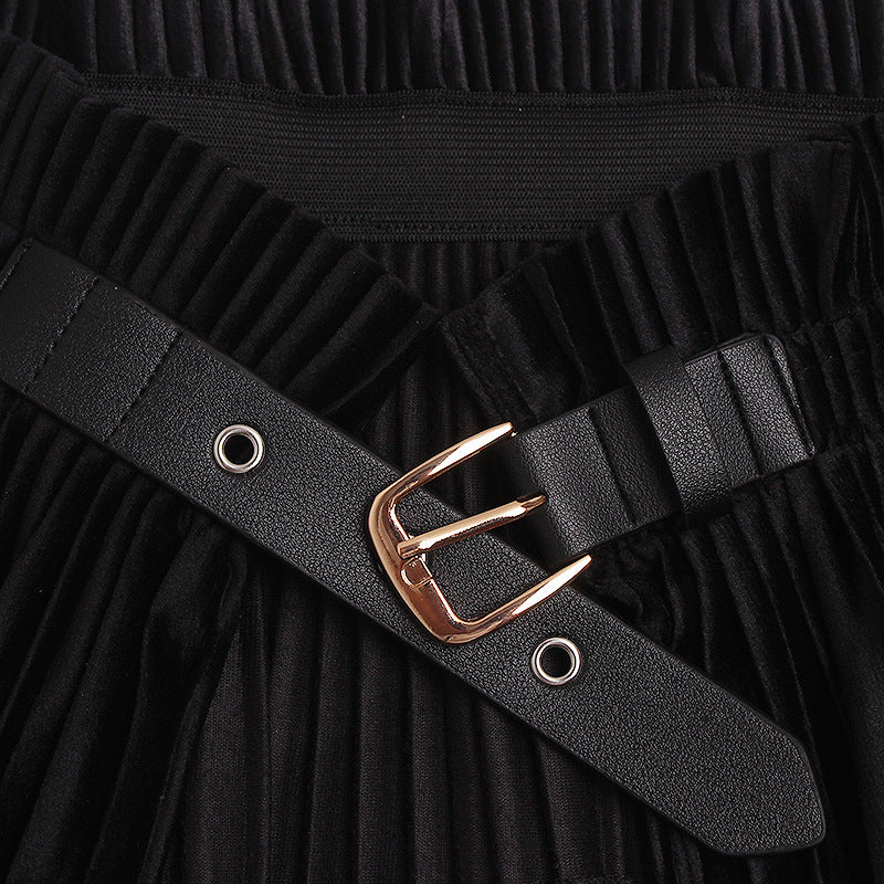Autumn And Winter New Belt Buckle Design Retro Velvet Pleated Skirt Style