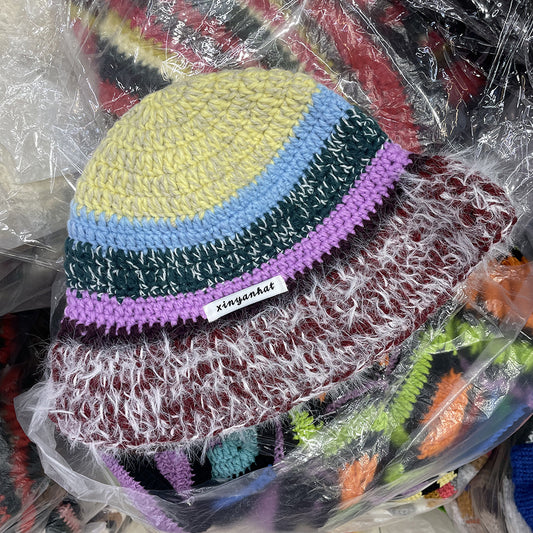 Niche Retro Contrast Color Stripes Hand Crocheting Woolen Cap
