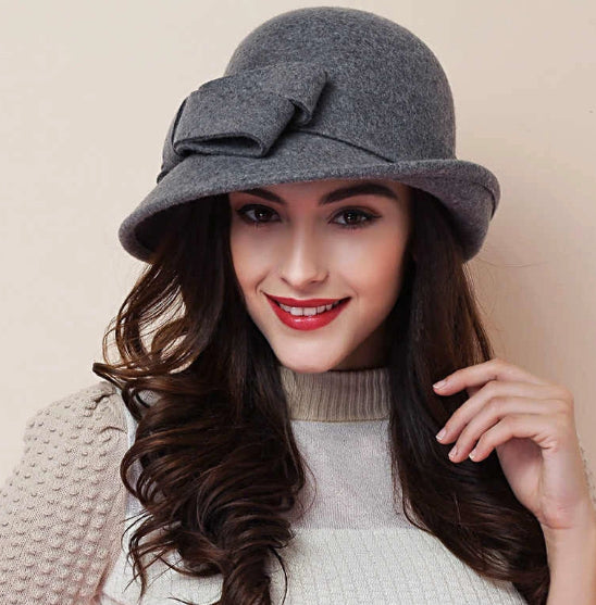 Women's French-style Elegant Retro Woolen Bowler Hat Curling Bow