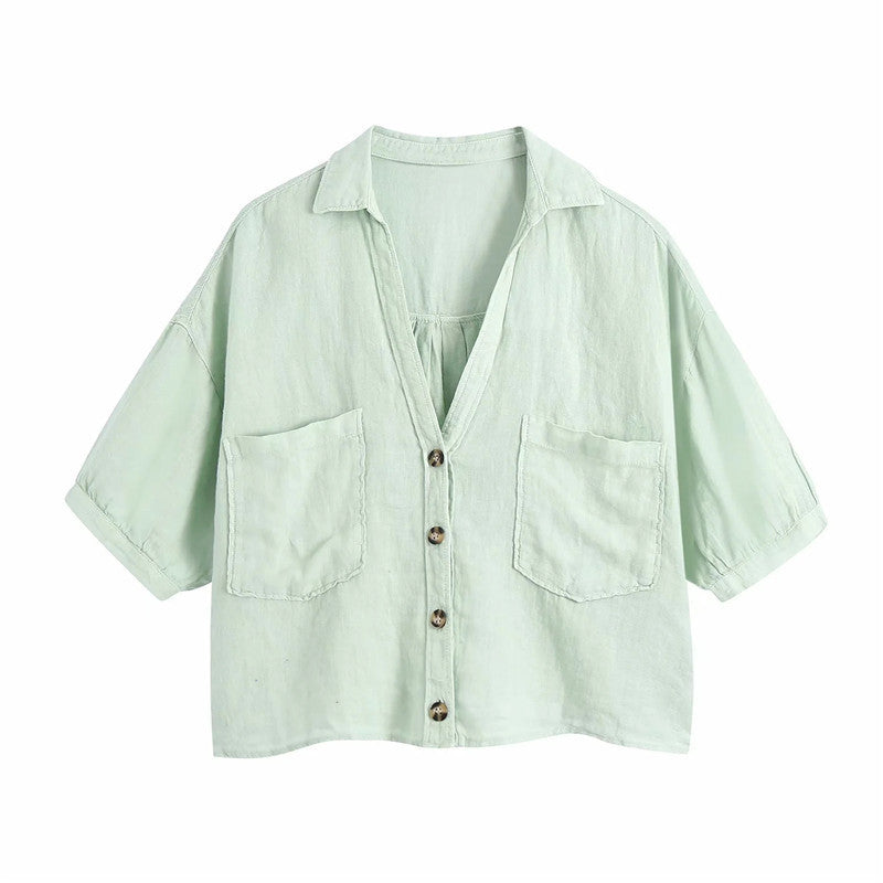 Women's Summer Solid Color Lapel Casual Short Shirt Top