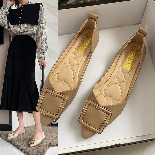 Women's New Gentle Style Shallow Mouth Square Buckle Flat Shoes