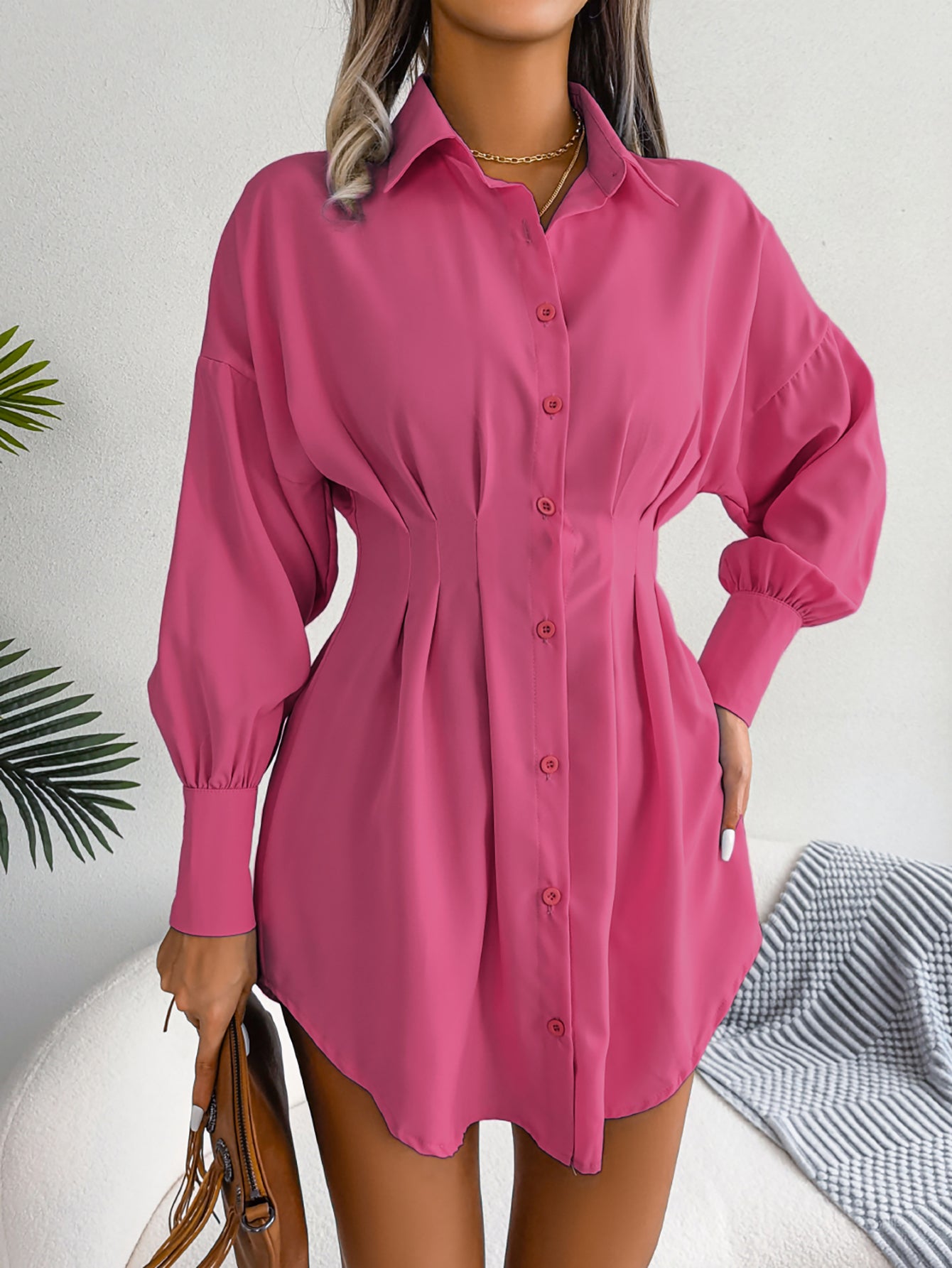 Women Casual Lantern Sleeve Tie Waist Asymmetric Shirt Dress
