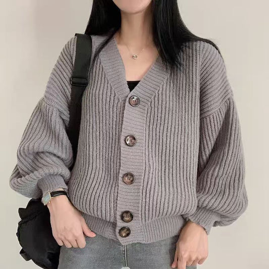 Korean Style V-neck Solid Color Dinified Sweater Coat