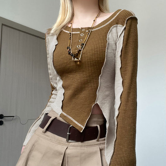 Long Sleeves With Irregular Split Stitching And Contrasting Colors