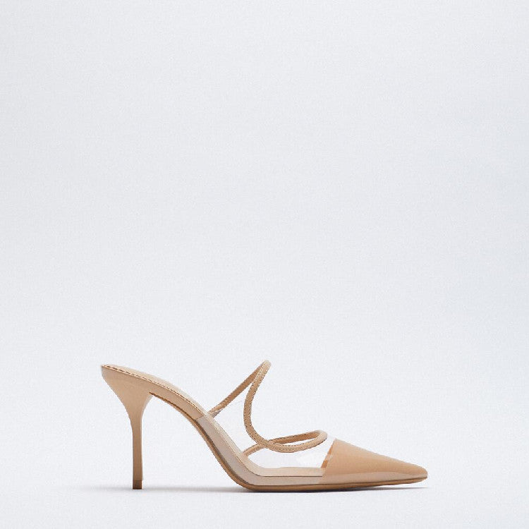 Beige Transparent Pointed Temperament High-heeled Muller Sandals All-match Fashion Stiletto Shoes