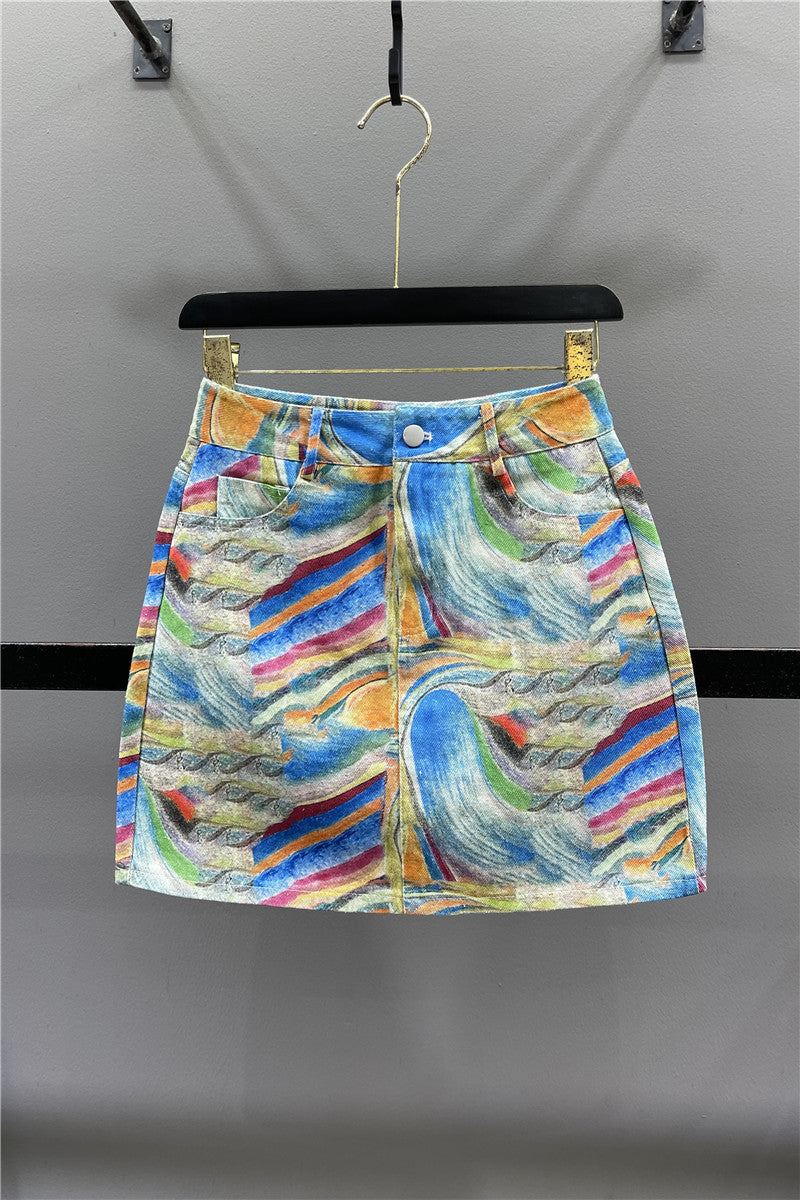 Women's High Waist A-line New Summer Printed Denim Skirt