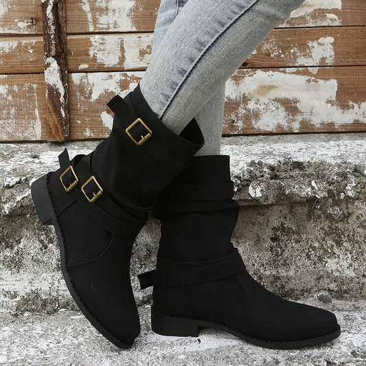 Low Heel Vintage Adjustable Buckle Boots Women Combat Biker Western Goth Shoes