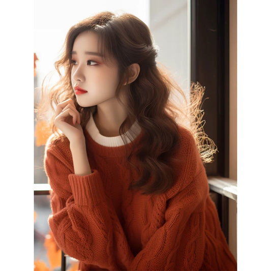 Orange Round Neck Fall And Winter Inner Wear Classic Style Loose Knitted Top