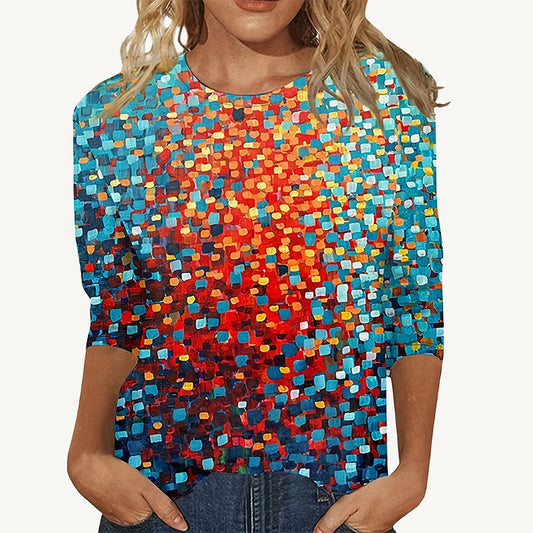 Europæisk og amerikansk blomsterprintet langærmet T-shirt med rund hals