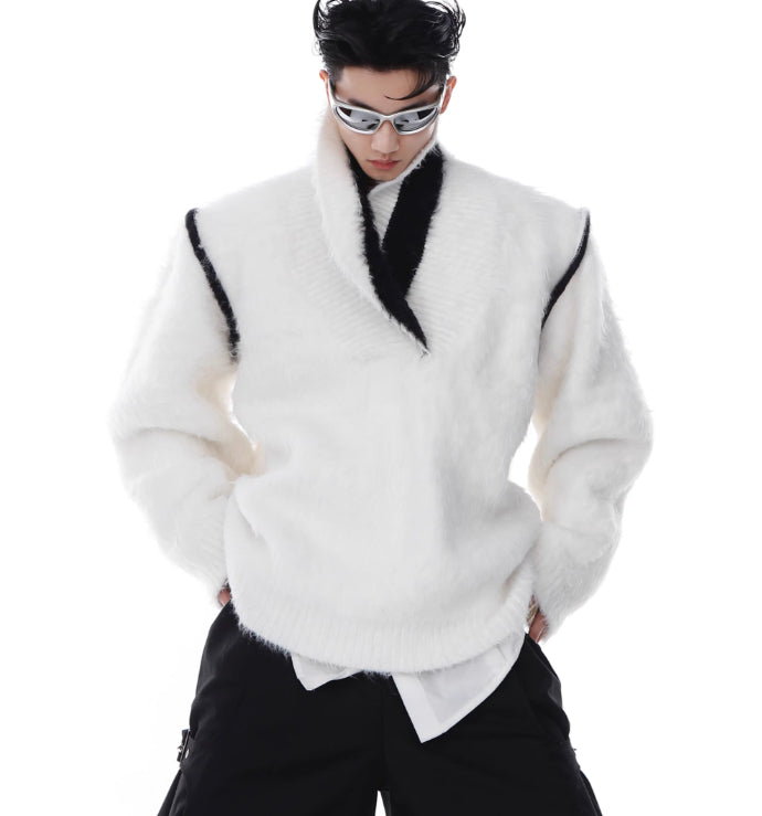 V-neck Anti-mink Plush Sweater Loose Thick Sweater Contrast Color Design Knitted Top