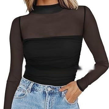 Ensfarvet Halvkrave Mesh-syning Sexet Top