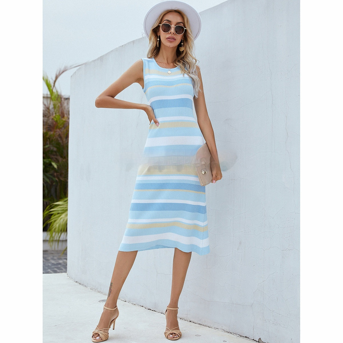 Fashionable Striped Knit Maxi Skirt Workwear Long