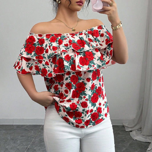 Off-shoulder Short-sleeved Shirt Double-layer Ruffled Women's Clothing