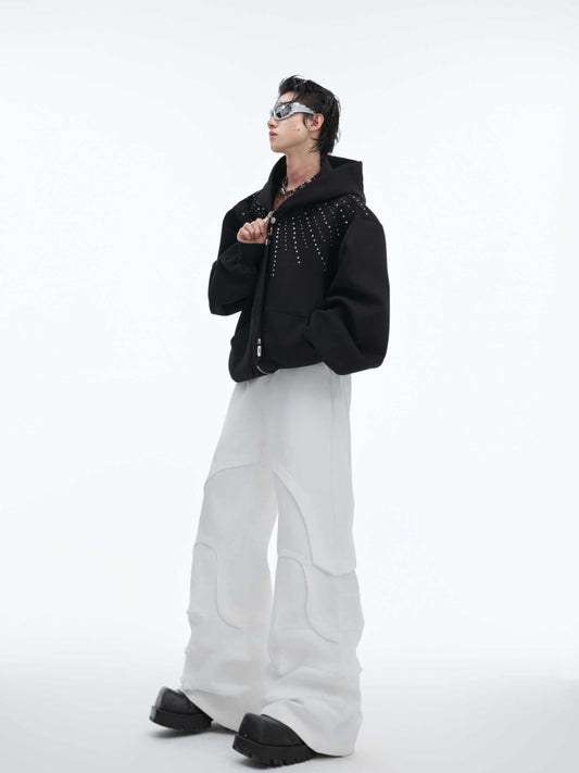 Rhinestone Detachable Tie Hooded Sweater Baggy Coat