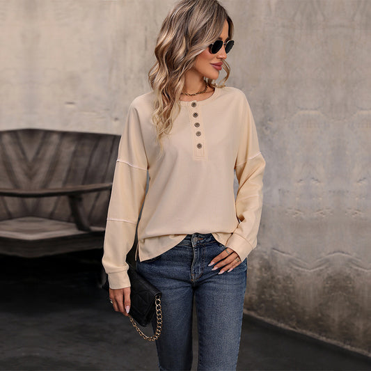 New Womens Long-sleeve Solid-color Waffle-knit Top