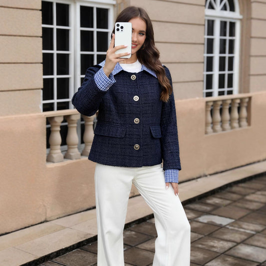 Women's Fashionable Color-block Plaid Lapel Coat