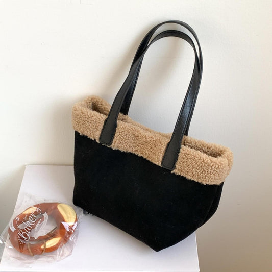 Retro Plush Turned-Over Hem Patchwork Suede Bag
