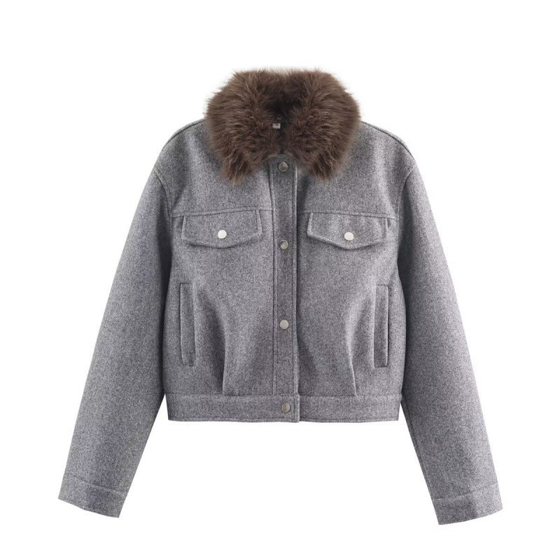 Women's Wool Lapel Single-breasted Long Sleeve Pocket Trim Jacket