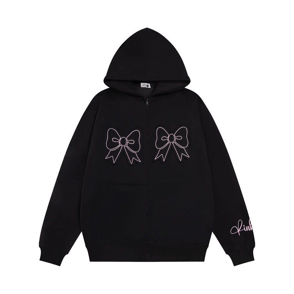 Bow Paste Cloth Embroidery Hooded Cardigan Sweater