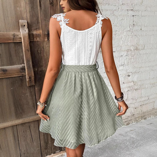 Womens Casual Resort Dress With Lace Trim And Patchwork Design