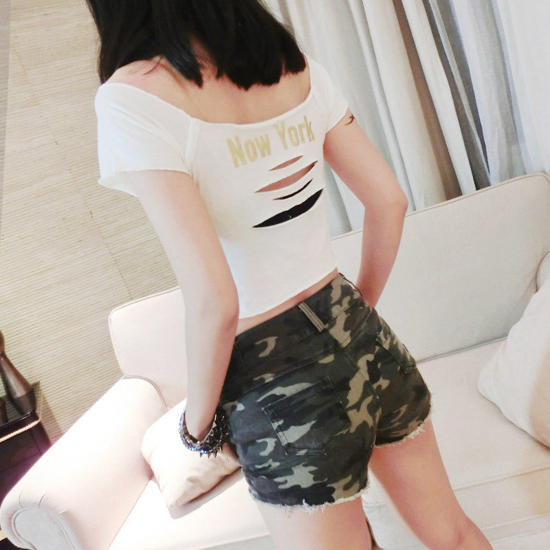 High-waisted shorts and camouflage jeans