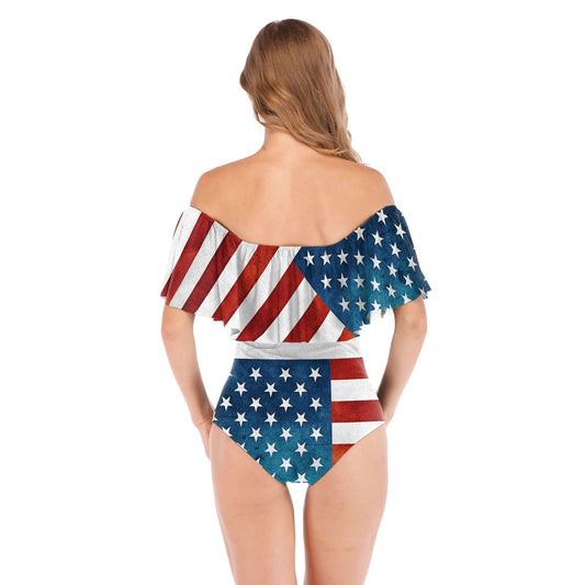 Women's Independent 3D Digital Printing Off-neck Ruffled One-piece Swimsuit