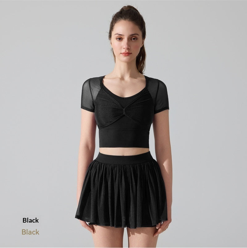 High-Density Mesh Yoga Set TennisBadmintonFitness Sports Skirt RunningPilates Short-Sleeve Top