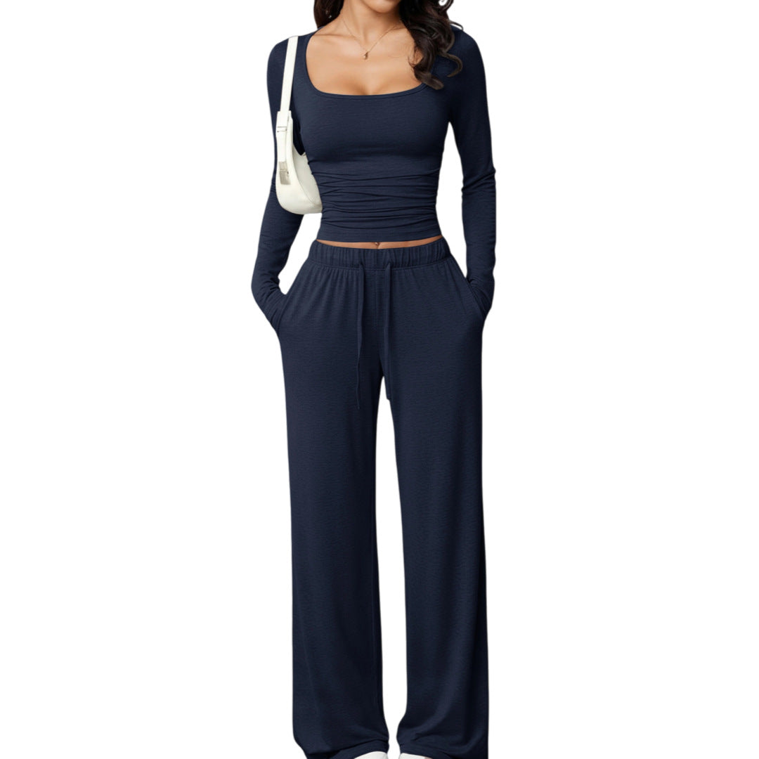 Womens Casual Pants And Square Neck Long Sleeve Cropped Top Set