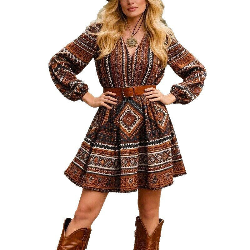 Printed Bohemian Short Long Sleeved Dress