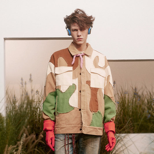 Stitching Color Block Design Sense Niche Loose Turn-down Collar Coat Tide