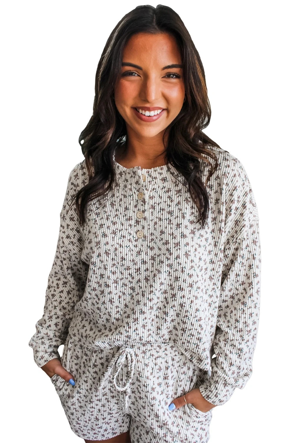 White Spiral Rib Printed Long Sleeve Henry Collar Drawstring Shorts Suit
